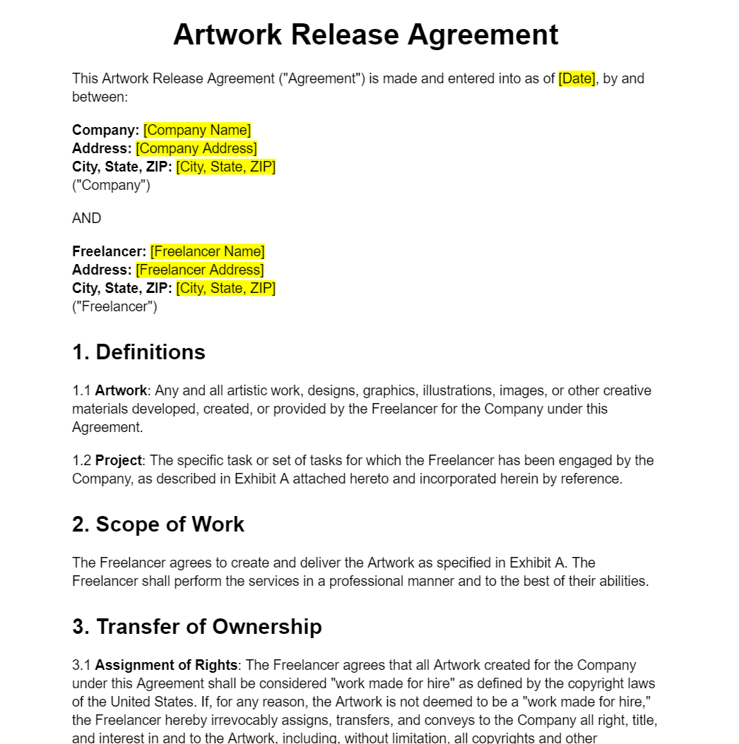 Artwork Release Agreement - RTS Collaborative